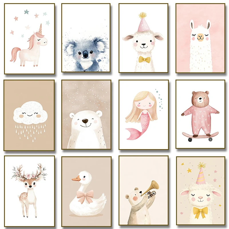 Home Improvement Kids - かわいい水彩ユニコーンマーメイドラマガチョウ鹿クマポスターキャンバス絵画プリントキッズルーム保育園家の装飾