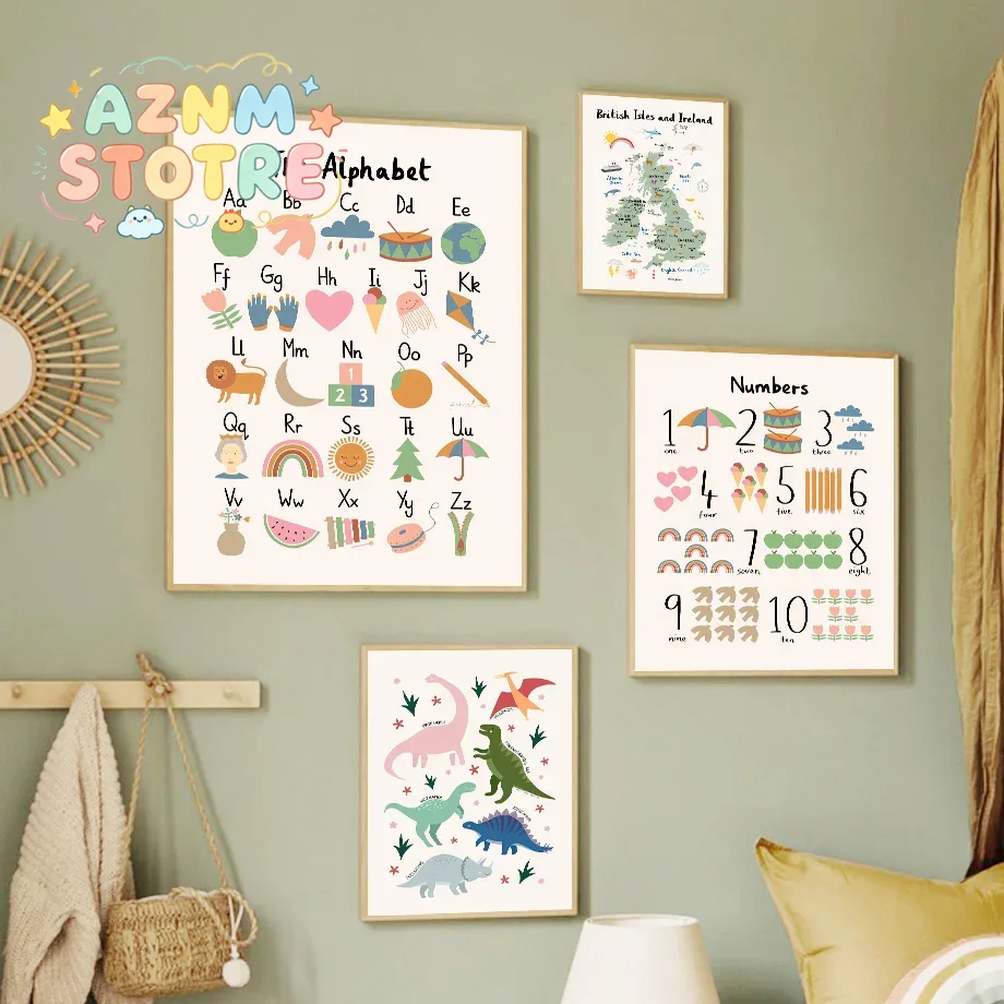 Home Improvement Kids - 動物世界地図 恐竜 アルファベット 数字 キャンバス ウォールアート